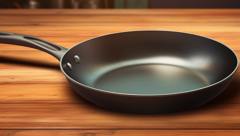 Frying pan on a wooden table