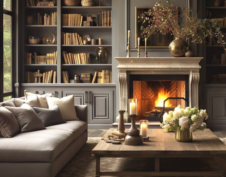 Living room whit sofa table books and fireplace