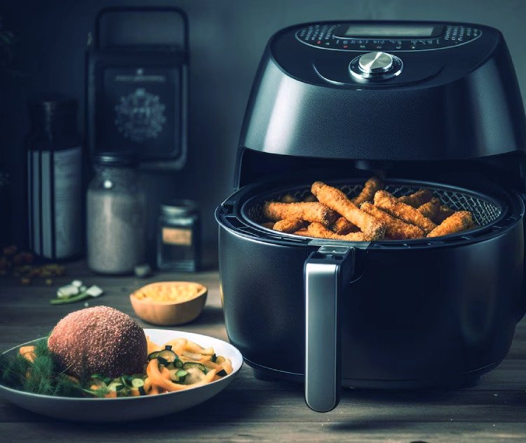 Air fryer full of meat sticks