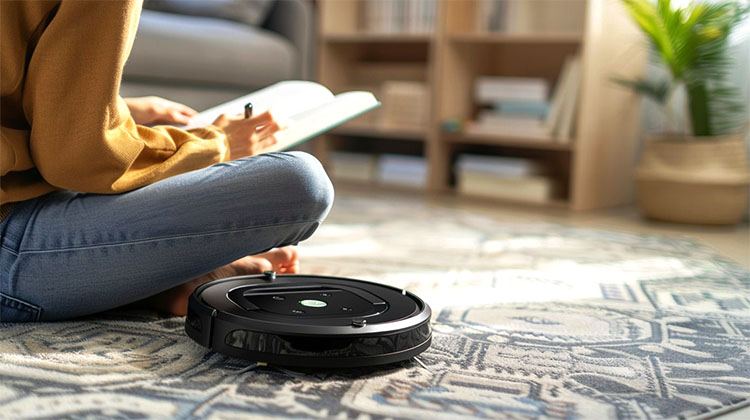 A girl writing on his book while black robot vacuum is cleaning the carpet